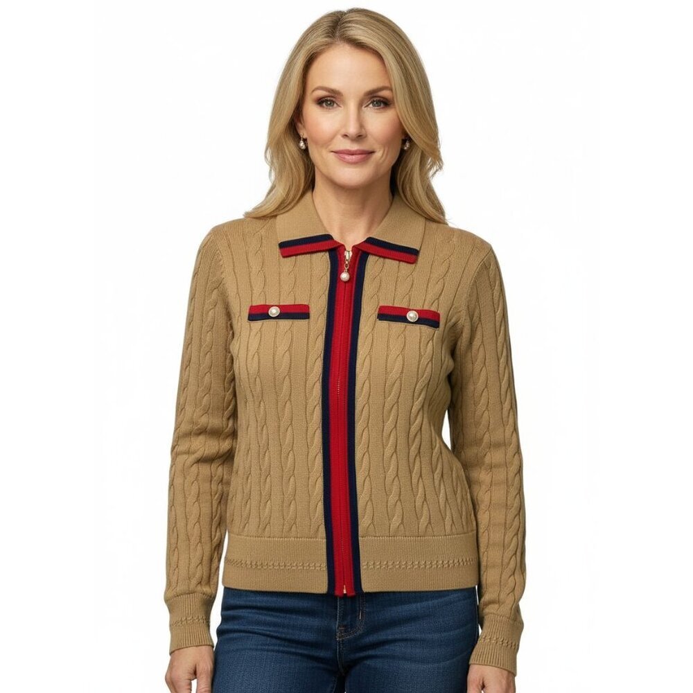 Talbots Cable Knit Full Zip Sweater Cardigan Tan Pearl Button Preppy Size PP/0-2